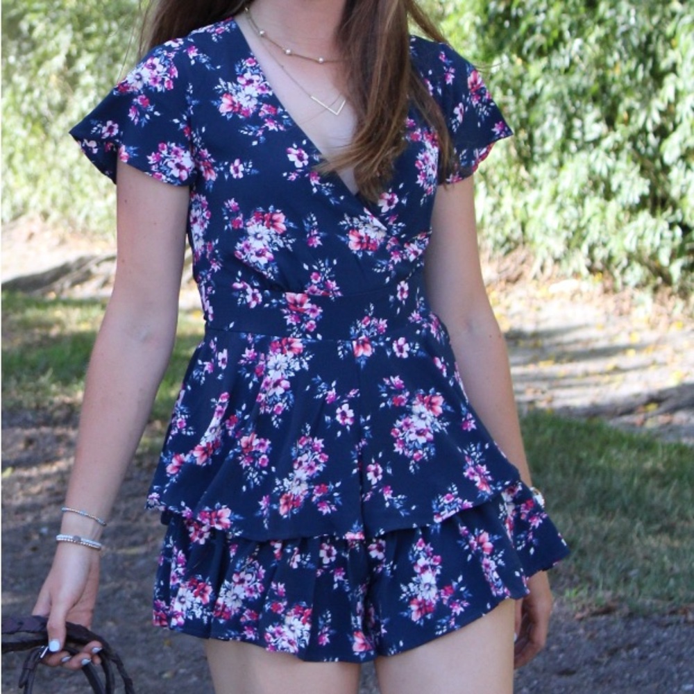 Altar’d State Navy Floral Ruffle Romper